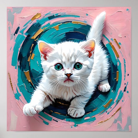 Poster Adorable petit chat blanc dans un tourbillon de sa (Devant)
