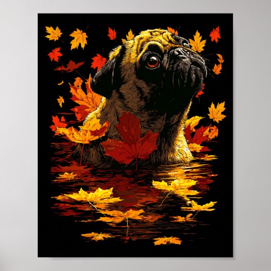 Poster Adorable Pug With Forest Leaves Cozy Autumn Dog Fa (Devant)