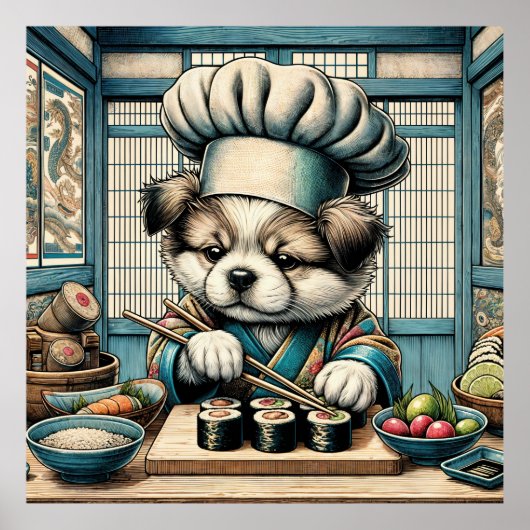 Poster Adorable Sushi Chef Chiot (Devant)