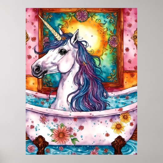 Poster Adorable Unicorn bleu et mauve mane dans le bain (Devant)