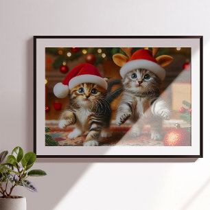 Poster Adorables chatons avec le Père Noël et chapeaux de