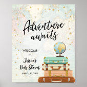 Poster Adventure Await Travel Gold Confetti Baby shower (Devant)
