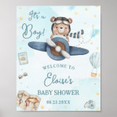 Poster Adventure Cute Bear Blue Plane Baby shower garçon (Devant)