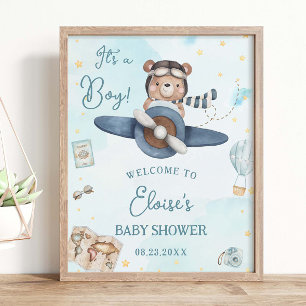 Poster Adventure Cute Bear Blue Plane Baby shower garçon