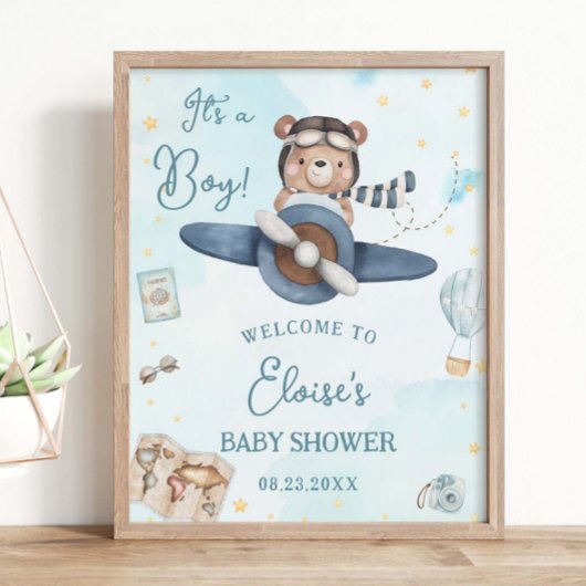 Poster Adventure Cute Bear Blue Plane Baby shower garçon