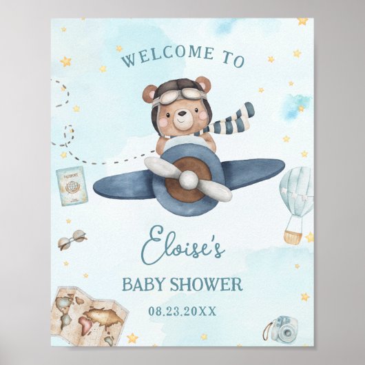 Poster Adventure Cute Bear Blue Plane Boy Baby Shower (Devant)
