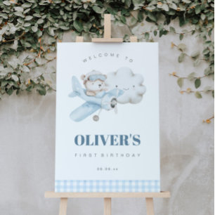 Poster Aéronef et ours en peluche Bienvenue à la fête d'a