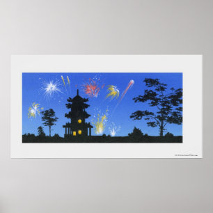 Poster Affichage de feu d'artifice et silhouette de