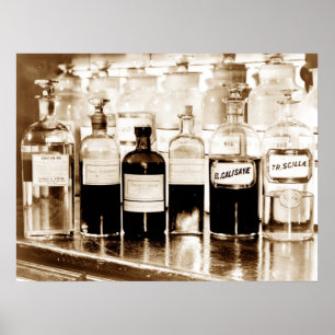 Poster Affichage des bouteilles d'apothicaire contenant
