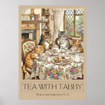 "Affiche d'art aquarelle « La fête du chat au thé