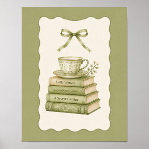 Poster (AFFICHE) Pile de livres verts vintage et tasse à