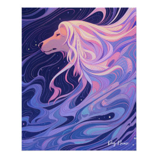 Poster Afghan Hound chien avec ciel étoilé et eau 001