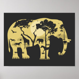 Poster African Savanah Elephant Acacia Tree Sunset Nature