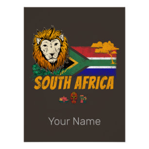 Poster Afrique du Sud Vintage Lion Drapeau Safari Souveni