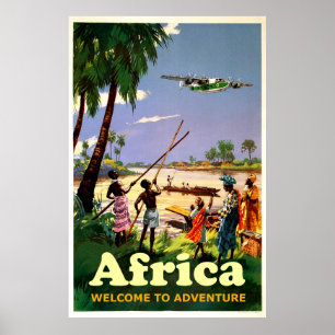 Poster Afrique, tribu africaine regardant l'avion à venir