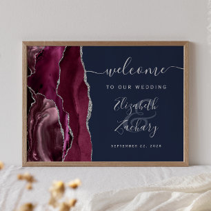 Poster Agate Burgundy Silver Marine Blue Mariage Bienvenu