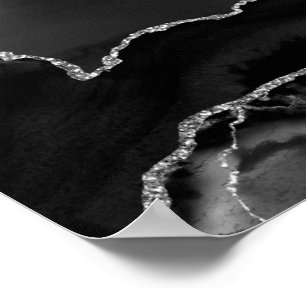 Poster Agate Marbrée Noir Faux Élégant Paillettes Argenté