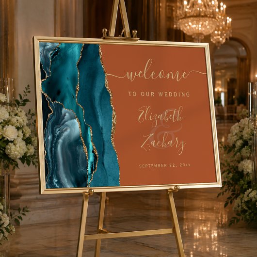 Poster Agate Sarcelle Or Doré Orange Brûlé Mariage Bienve