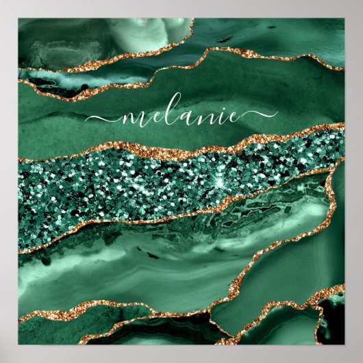 Poster Agate Vert Or Pailleté Geode Marbre Nom Personnali (Devant)