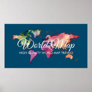 Poster Agence de voyages bleue Carte du monde aquarelle c