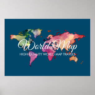 Poster Agence de voyages bleue Carte du monde aquarelle c