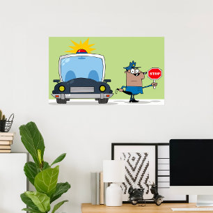 Poster Agent de police de dessin animé tenant un panneau 