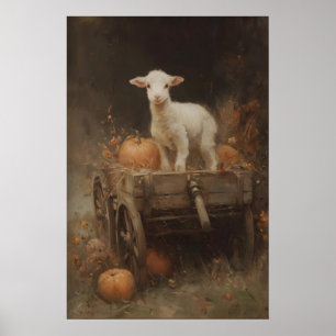 Poster Agneau blanc sur chariot en bois avec citrouilles,