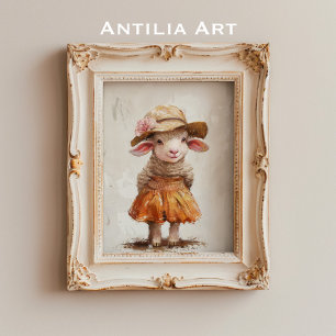 Poster Agneau en jupe peinture vintage animal de ferme mo