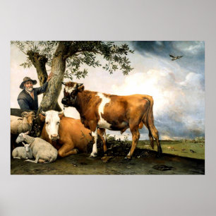 Poster Agriculteur avec vaches et moutons