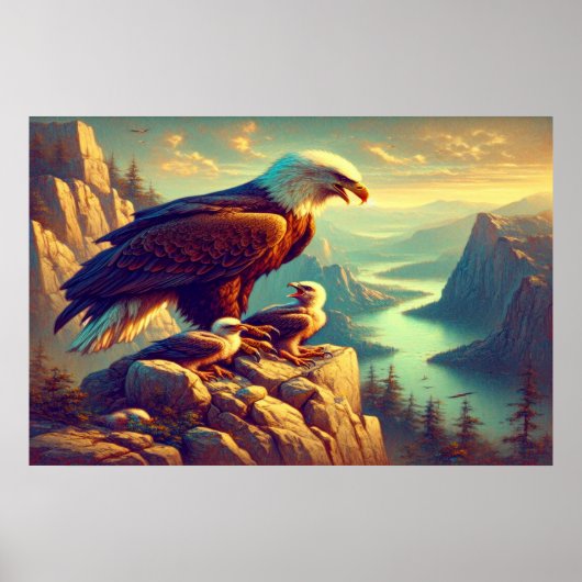Poster Aigle perché sur le rocher avec ses bébés (Devant)