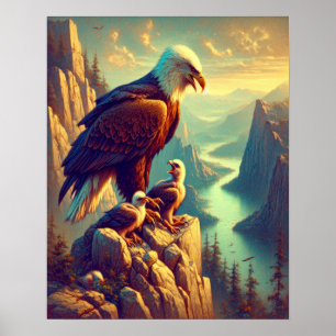 Poster Aigle perché sur le rocher avec ses bébés 16x20