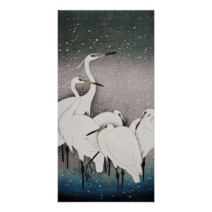 Poster Aigrettes japonaises Grues Koson Neige d'hiver