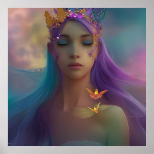 Poster ailes de papillon fantaisie Fille violet rose sarc