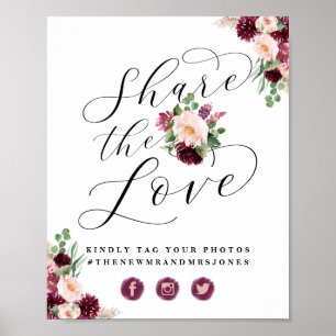 Poster Aime Floral Partagez l'amour Photo Hashtag Panneau