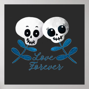 Poster Aimer pour toujours deux mignons crânes de fleurs 