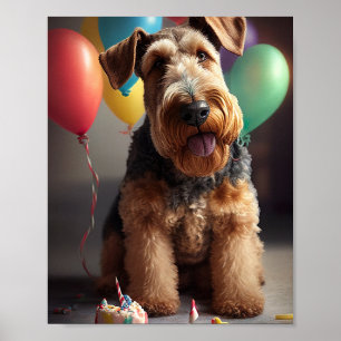 Poster Airedale chien avec gâteau et ballons