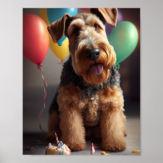 Poster Airedale chien avec gâteau et ballons (Devant)