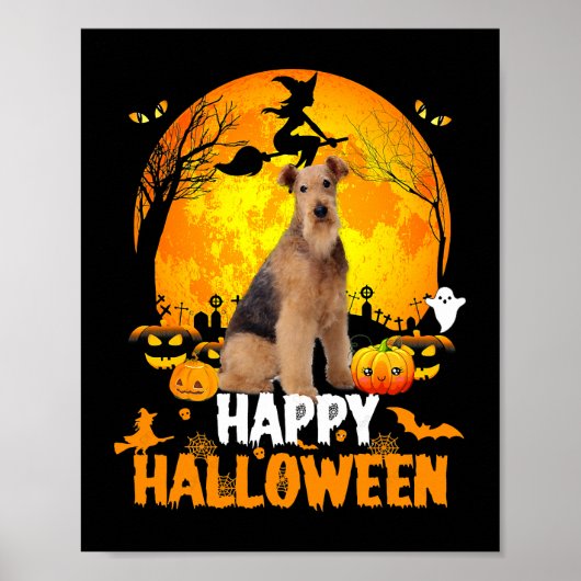 Poster Airedale Chien Joyeux Jour d'Halloween avec la Lun (Devant)