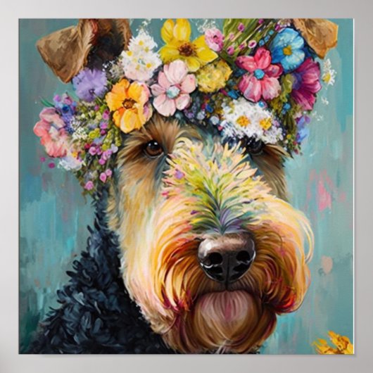 Poster Airedale Terrier Abstraite peinture florale (Devant)