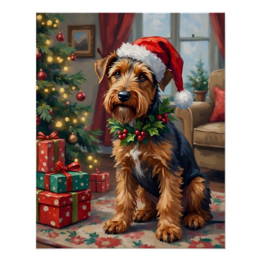 Poster Airedale Terrier Santa Hat Christmas Fun Art (Devant)