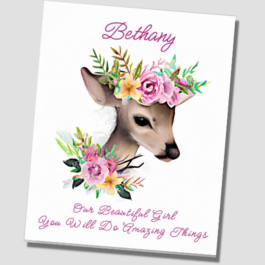Poster Ajouter le nom Texte, Bébé Cerf Faun avec Fleurs r