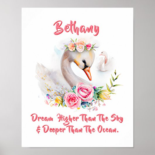 Poster Ajouter un nom de texte, Cygne doux avec fleurs d (Devant)