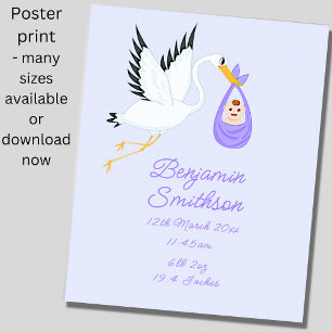 Poster Ajouter un nom - Détails de naissance Stork Blue B