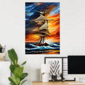 Poster Ajouter votre message, voilier en vagues au couche (Bureau à domicile)