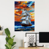 Poster Ajouter votre message, voilier navire bleu mer au  (Bureau à domicile)