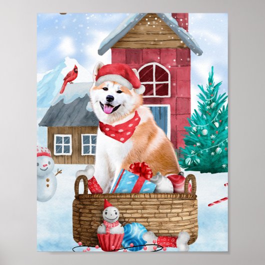 Poster Akita Chien dans la neige Maison de Chien de Noël (Devant)