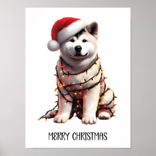 Poster Akita Chien Enveloppé Dans La Lumière De Noël