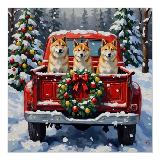 Poster Akita Christmas Red Truck Holiday (Devant)