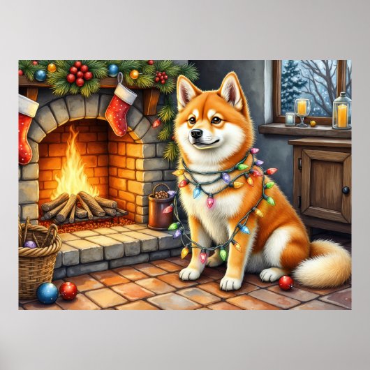 Poster Akita Sitting by Fireplace with Christmas Lights (Devant)