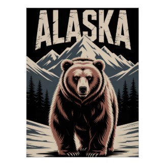 Poster Alaska Grizzly Bear & Snowy Mountains - Rustic
